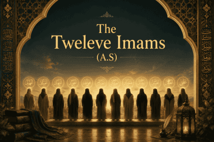 The Twelve Imams (A.S) depicted in a silhouette style with a golden background and Islamic calligraphy, representing spiritual leaders in Shia Islam.